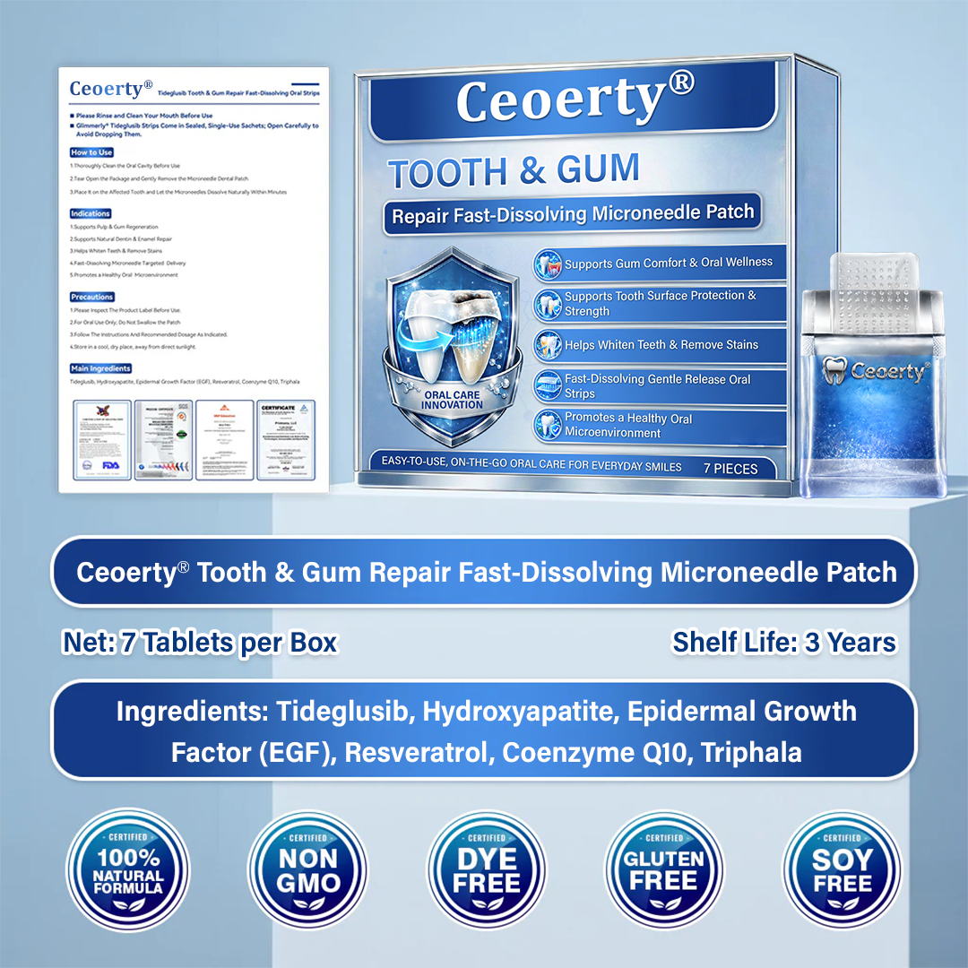 Ceoerty® Tooth & Gum Repair Fast-Dissolving Microneedle Patch✨ (𝟓-𝐢𝐧-𝟏 💎 𝐑𝐞𝐛𝐮𝐢𝐥𝐝 𝐄𝐧𝐚𝐦𝐞𝐥 & 𝐃𝐞𝐧𝐭𝐢𝐧 • 𝐒𝐭𝐫𝐞𝐧𝐠𝐭𝐡𝐞𝐧 𝐆𝐮𝐦𝐬 • 𝐄𝐫𝐚𝐝𝐢𝐜𝐚𝐭𝐞 𝐓𝐚𝐫𝐭𝐚𝐫 & 𝐎𝐝𝐨𝐫 • 𝐖𝐡𝐢𝐭𝐞𝐧𝐢𝐧𝐠 • 𝐒𝐭𝐨𝐩 𝐓𝐨𝐨𝐭𝐡 𝐒𝐞𝐧𝐬𝐢𝐭𝐢𝐯𝐢𝐭𝐲)